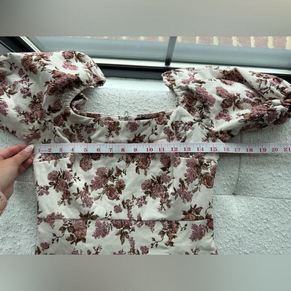 Aqua Brocade Puff Sleeve Pink Floral Dress Size Small - Picture 8 of 9